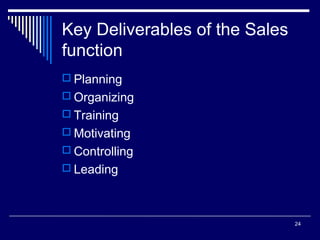 Key Deliverables of the Sales
function
 Planning
 Organizing
 Training
 Motivating
 Controlling
 Leading

24

 