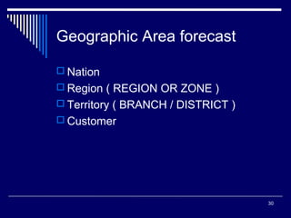 Geographic Area forecast
 Nation
 Region ( REGION OR ZONE )
 Territory ( BRANCH / DISTRICT )
 Customer

30

 
