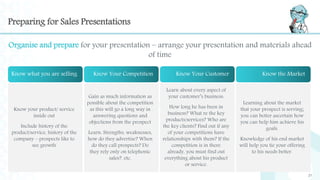 Preparing for Sales Presentations
21
Organise and prepare for your presentation – arrange your presentation and materials ...