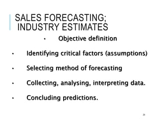 SALES FORECASTING;
INDUSTRY ESTIMATES
29
• Objective definition
• Identifying critical factors (assumptions)
• Selecting method of forecasting
• Collecting, analysing, interpreting data.
• Concluding predictions.
 