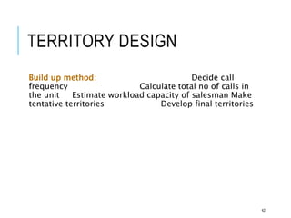 TERRITORY DESIGN
Build up method: Decide call
frequency Calculate total no of calls in
the unit Estimate workload capacity of salesman Make
tentative territories Develop final territories
42
 