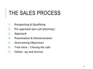 THE SALES PROCESS
1. Prospecting & Qualifying
2. Pre approach (pre call planning )
3. Approach
4. Presentation & Demonstration
5. Overcoming Objections
6. Trial close / Closing the sale
7. Follow –up and Service.
57
 