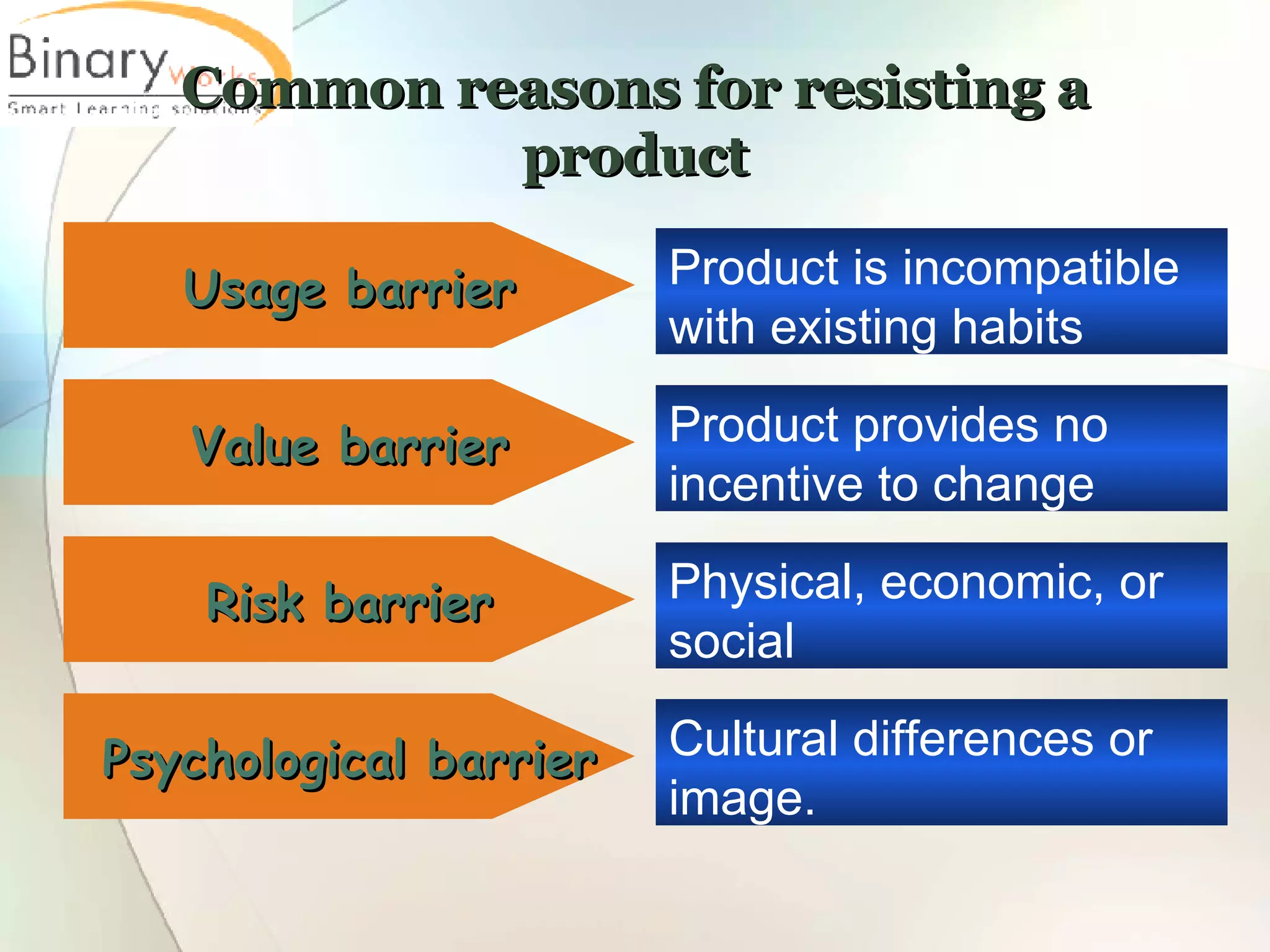 Common reasons for resisting a product Cultural differences or image.  Psychological barrier Physical, economic, or social  Risk barrier Product provides no incentive to change  Value barrier Product is incompatible with existing habits  Usage barrier 