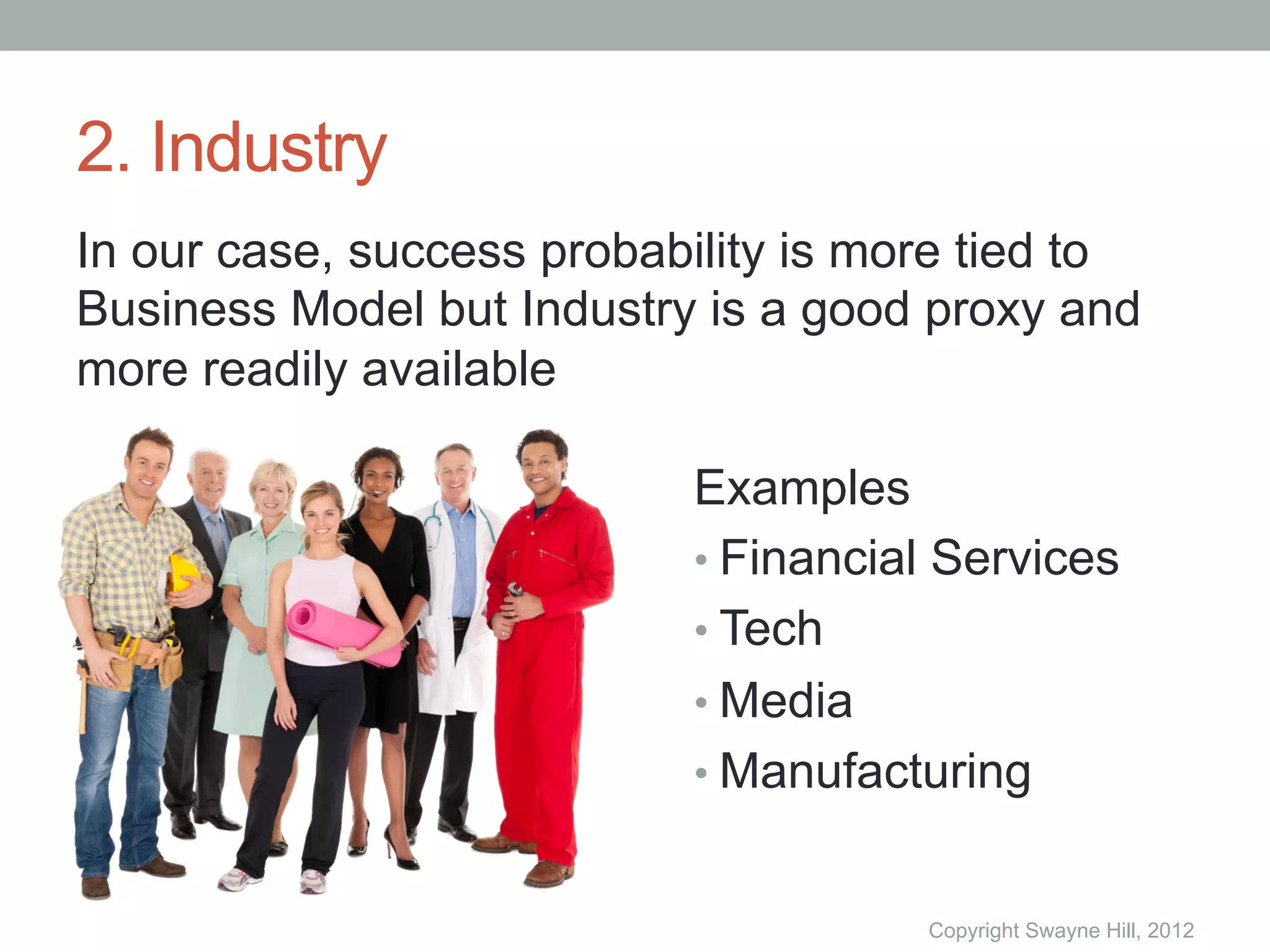 2. Industry
In our case, success probability is more tied to
Business Model but Industry is a good proxy and
more readily available

                           Examples
                           •  Financial Services
                           •  Tech
                           •  Media
                           •  Manufacturing


                                      Copyright Swayne Hill, 2012
 