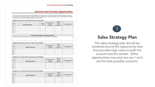 Sales Strategy Plan
3
The sales strategy plan should be
centered around the opportunity area
that provides high value to both the
account and the vendor. Other
opportunities may exist but win / win’s
are the best possible outcome.
 