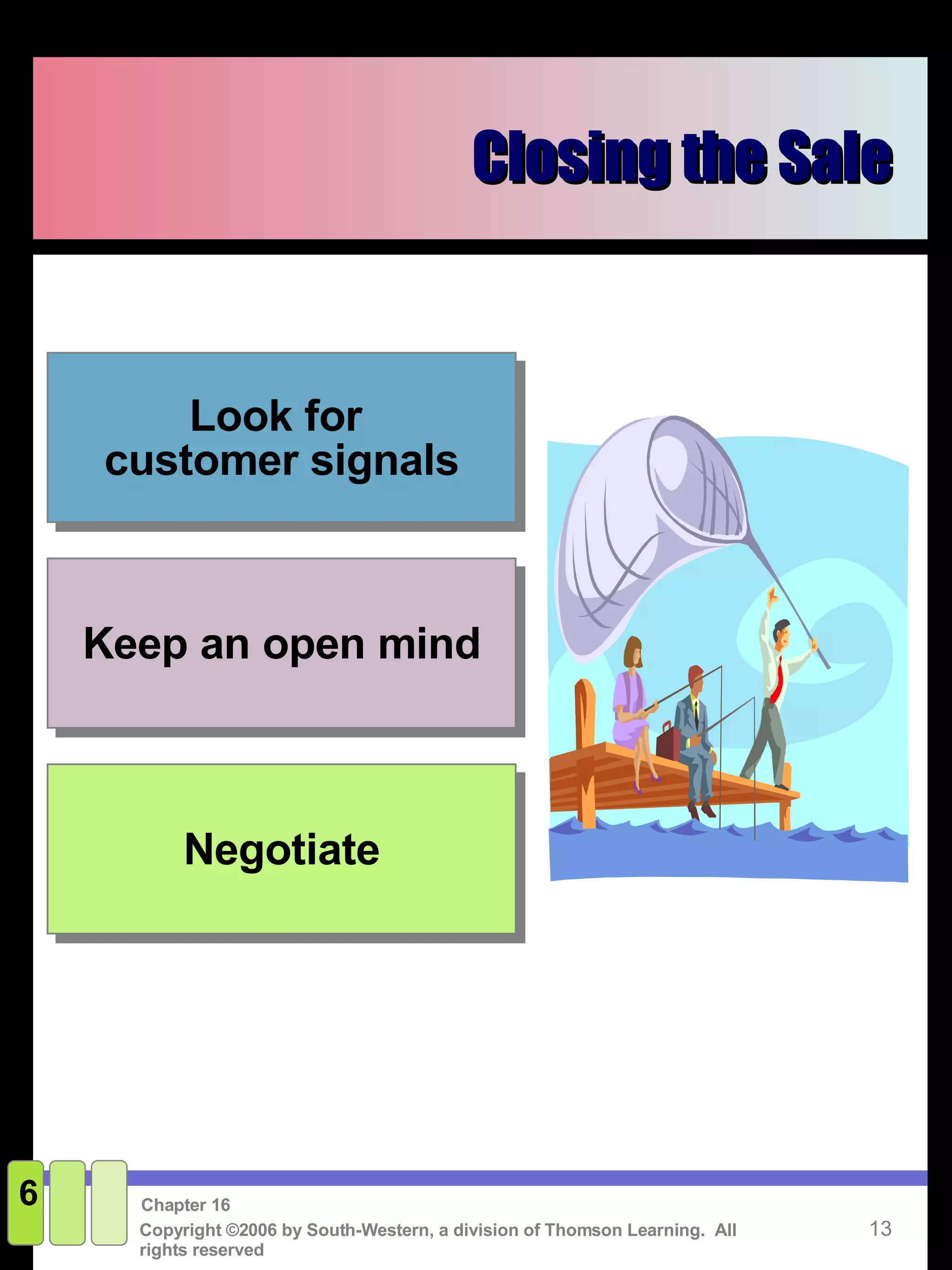 Closing the Sale 6 Negotiate Keep an open mind Look for  customer signals 