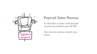 Paytrail Sales Rescue!
Eri lähteiden mukaan verkkokaupan
ostoskoreja hylätään jopa 60-70%. 
Nyt voimme pelastaa ainakin osan
niistä!
 