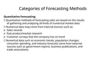 Categories of Forecasting Methods
Quantitative Forecasting:
􏰀 Quantitative methods of forecasting sales are based on the results
of gathering and analyzing all kinds of numerical market data.
􏰀 Numerical data may come from internal sources such as:
o Sales records
o Past product/market research
o Customer surveys that the company has on hand
􏰀 Numerical data such as economic trends, population changes,
consumer spending, and industry forecasts come from external
sources such as government reports, business publications, and
trade associations.
 