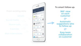 Emails
Phone calls
Social media
Calendar
Web interactions
Automatic
suggestions who
to follow up
360° view
on each
customer
Easy team
collaboration
on customer
To smart follow up:
From existing data:
 