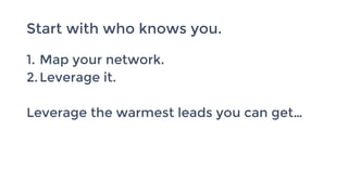 Start with who knows you.
1. Map your network.
2.Leverage it.
Leverage the warmest leads you can get…
 