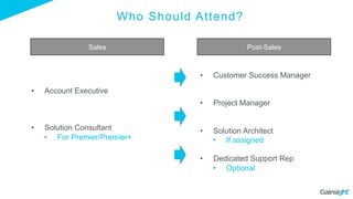 Who Should Attend?
•  Account Executive
•  Solution Consultant
•  For Premier/Premier+
Sales Post-Sales
•  Customer Success Manager
•  Project Manager
•  Solution Architect
•  If assigned
•  Dedicated Support Rep
•  Optional
 