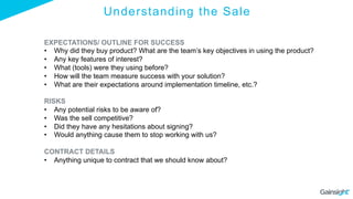 Understanding the Sale
EXPECTATIONS/ OUTLINE FOR SUCCESS
•  Why did they buy product? What are the team’s key objectives in using the product?
•  Any key features of interest?
•  What (tools) were they using before?
•  How will the team measure success with your solution?
•  What are their expectations around implementation timeline, etc.?
RISKS
•  Any potential risks to be aware of?
•  Was the sell competitive?
•  Did they have any hesitations about signing?
•  Would anything cause them to stop working with us?
CONTRACT DETAILS
•  Anything unique to contract that we should know about?
 