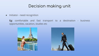 Decision making unit
● Initiator - need recognition
Eg: comfortable and fast transport to a destination - business
opportunities, vacation, studies etc
 