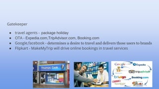 Gatekeeper
● travel agents - package holiday
● OTA - Expedia.com,TripAdvisor.com, Booking.com
● Google,facebook - determines a desire to travel and delivers those users to brands
● Flipkart - MakeMyTrip will drive online bookings in travel services
 