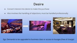 Desire
● Convert interest into desire to make the purchase
● Also involves the handling of objections; must be handled professionally
Egs: Demands to be upgraded to business class or access to lounges (free of charge)
 