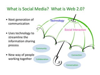 What is Social Media? What is Web 2.0?

• Next generation of                    Technology
  communication
                                                     Social Interaction
• Uses technology to
  streamline the
  information sharing
  process
                        Community


• New way of people                                        Connection
  working together      Collaboration

                                                      Conversation
 