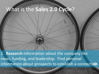 What is the Sales 2.0 Cycle?
2. Research information about the company like
news, funding, and leadership. Find personal
information about prospects to establish a connection.
 