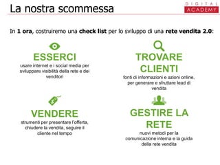 La nostra scommessa
In 1 ora, costruiremo una check list per lo sviluppo di una rete vendita 2.0:
ESSERCI
usare internet e...