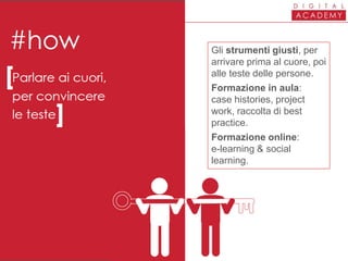 Gli strumenti giusti, per
arrivare prima al cuore, poi
alle teste delle persone.
Formazione in aula:
case histories, project
work, raccolta di best
practice.
Formazione online:
e-learning & social
learning.
 