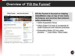 Overview of  ‘Fill the Funnel’ ,[object Object],[object Object],[object Object],Fill the Funnel is focused on helping SalesMakers stay on top of new tools, techniques and services that enhance sales productivity 
