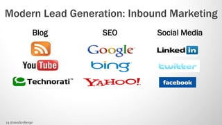 Modern Lead Generation: Inbound Marketing
              Blog   SEO     Social Media




14 @markroberge
 