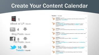 Create Your Content Calendar

       1
eBook w/ LP / Month

      4
 Blog Posts / Month

      8
   FB Posts / Month

      16
     Tweets / month
 