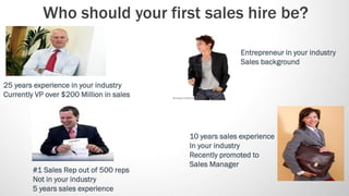 Who should your first sales hire be?

                                                         Entrepreneur in your industry
                                                         Sales background


25 years experience in your industry
Currently VP over $200 Million in sales




                                          10 years sales experience
                                          In your industry
                                          Recently promoted to
                                          Sales Manager
         #1 Sales Rep out of 500 reps
         Not in your industry
         5 years sales experience
 