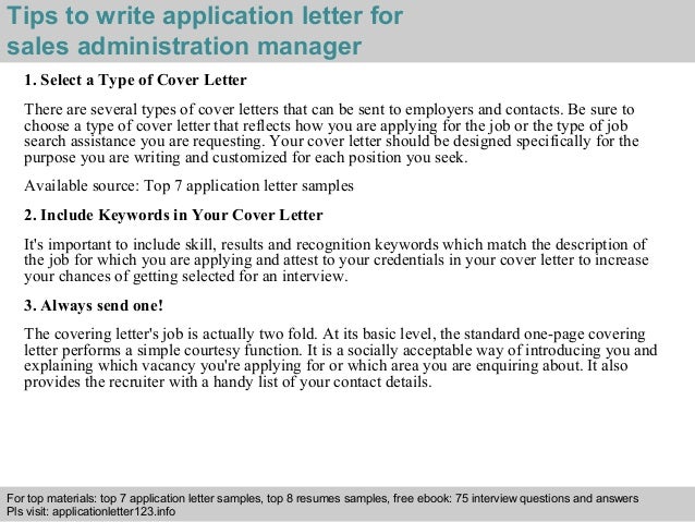 Sales administration manager application letter