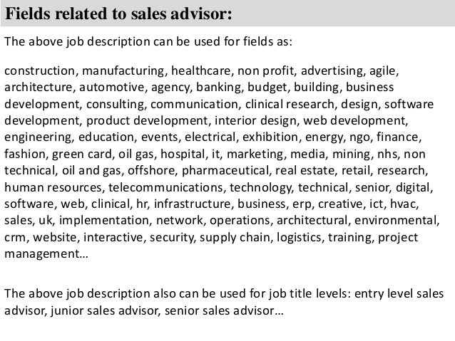 sales advisor duties rome fontanacountryinn com job description for sales assistant