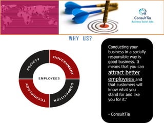 WHY US?
OUR PLEDGE
                 Conducting your
                 business in a socially
                 responsible way is
                 good business. It
                 means that you can
                 attract better
                 employees and
                 that customers will
                 know what you
                 stand for and like
                 you for it.”


                 - ConsultTia
 