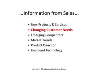 …Information from Sales…
• New Products & Services
• Changing Customer Needs
• Emerging Competitors
• Market Trends
• Prod...