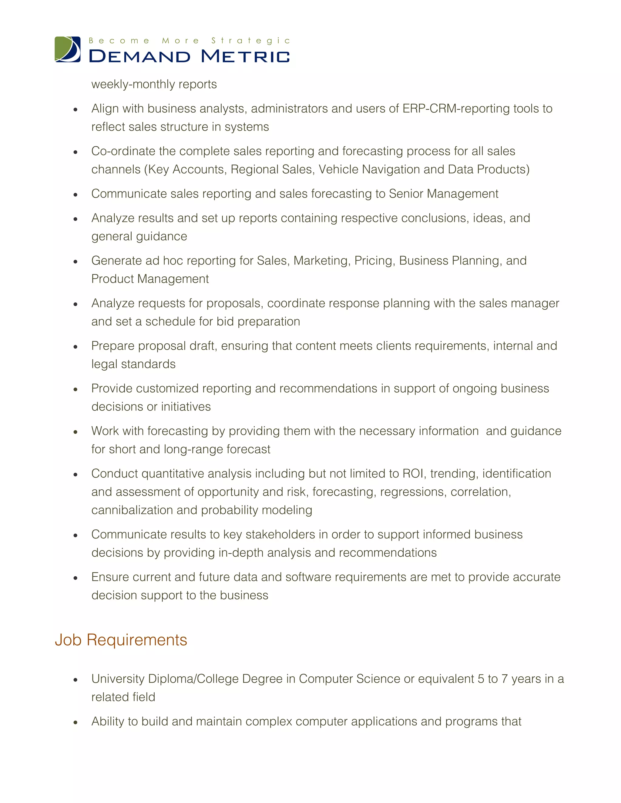 Sales Analyst Job Description PDF