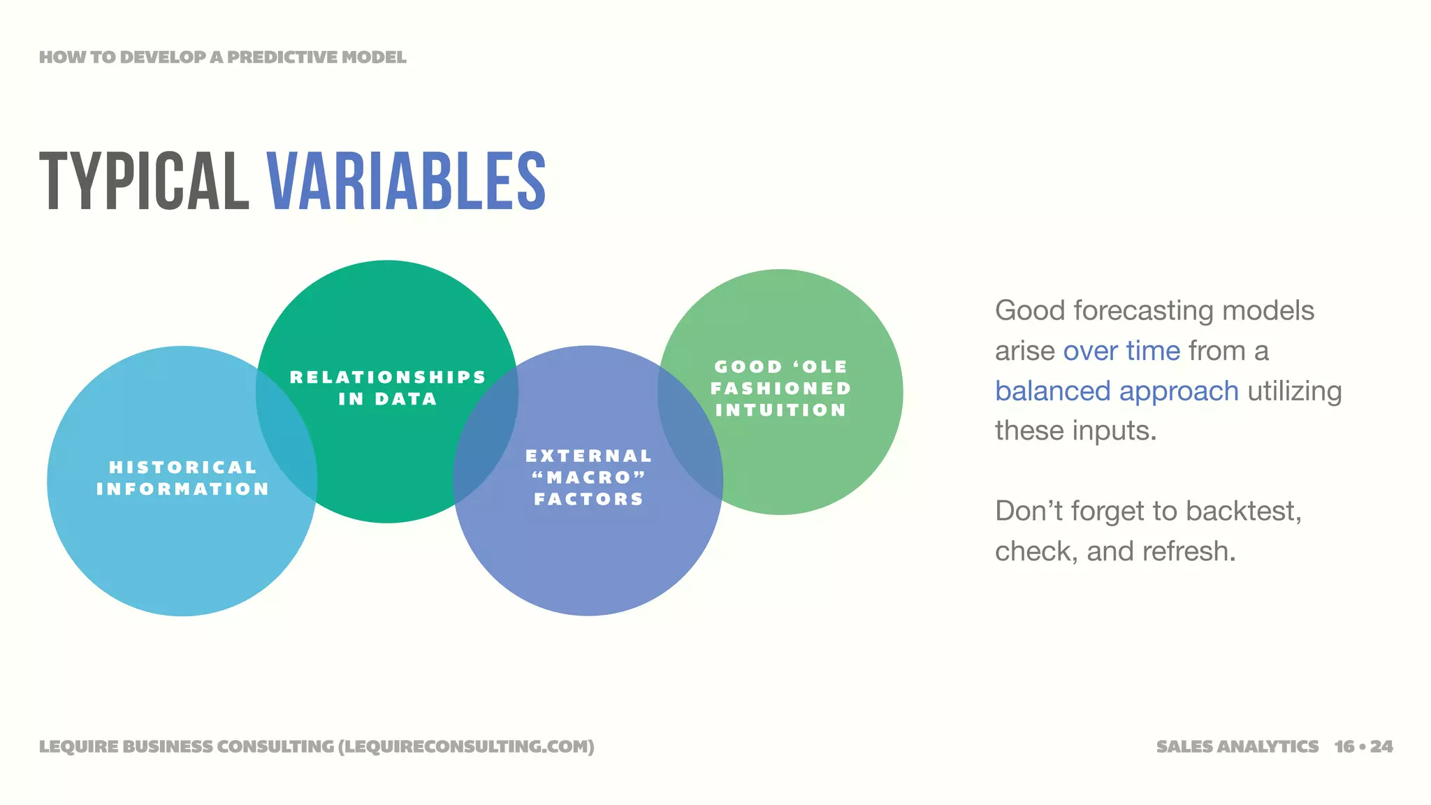 HOW TO DEVELOP A PREDICTIVE MODEL




TYPICAL VARIABLES
                                                                              Good forecasting models
                                                                  GOOD ‘OLE
                                                                              arise over time from a
                            R E L AT I O N S H I P S
                                  I N D ATA
                                                                  FASHIONED   balanced approach utilizing
                                                                  INTUITION
                                                                              these inputs.
                                                       EXTERNAL
       HISTORICAL
                                                       “MACRO”
     I N F O R M AT I O N
                                                        FACTORS
                                                                              Don’t forget to backtest,
                                                                              check, and refresh.




LEQUIRE BUSINESS CONSULTING (LEQUIRECONSULTING.COM)                                        SALES ANALYTICS 16 • 24
 