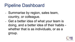 Pipeline Dashboard
• Summarise by region, sales team,
country, or colleague.
• Get a better idea of what your team is
doing, and a better idea of their habits -
whether that is as individuals, or as a
group.
 