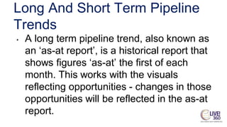 Long And Short Term Pipeline
Trends
• A long term pipeline trend, also known as
an ‘as-at report’, is a historical report that
shows figures ‘as-at’ the first of each
month. This works with the visuals
reflecting opportunities - changes in those
opportunities will be reflected in the as-at
report.
 