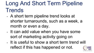 Long And Short Term Pipeline
Trends
• A short term pipeline trend looks at
shorter turnarounds, such as a week, a
month or even a day.
• It can add value when you have some
sort of marketing activity going on
• It is useful to show a short term trend will
reflect if this has happened or not.
 