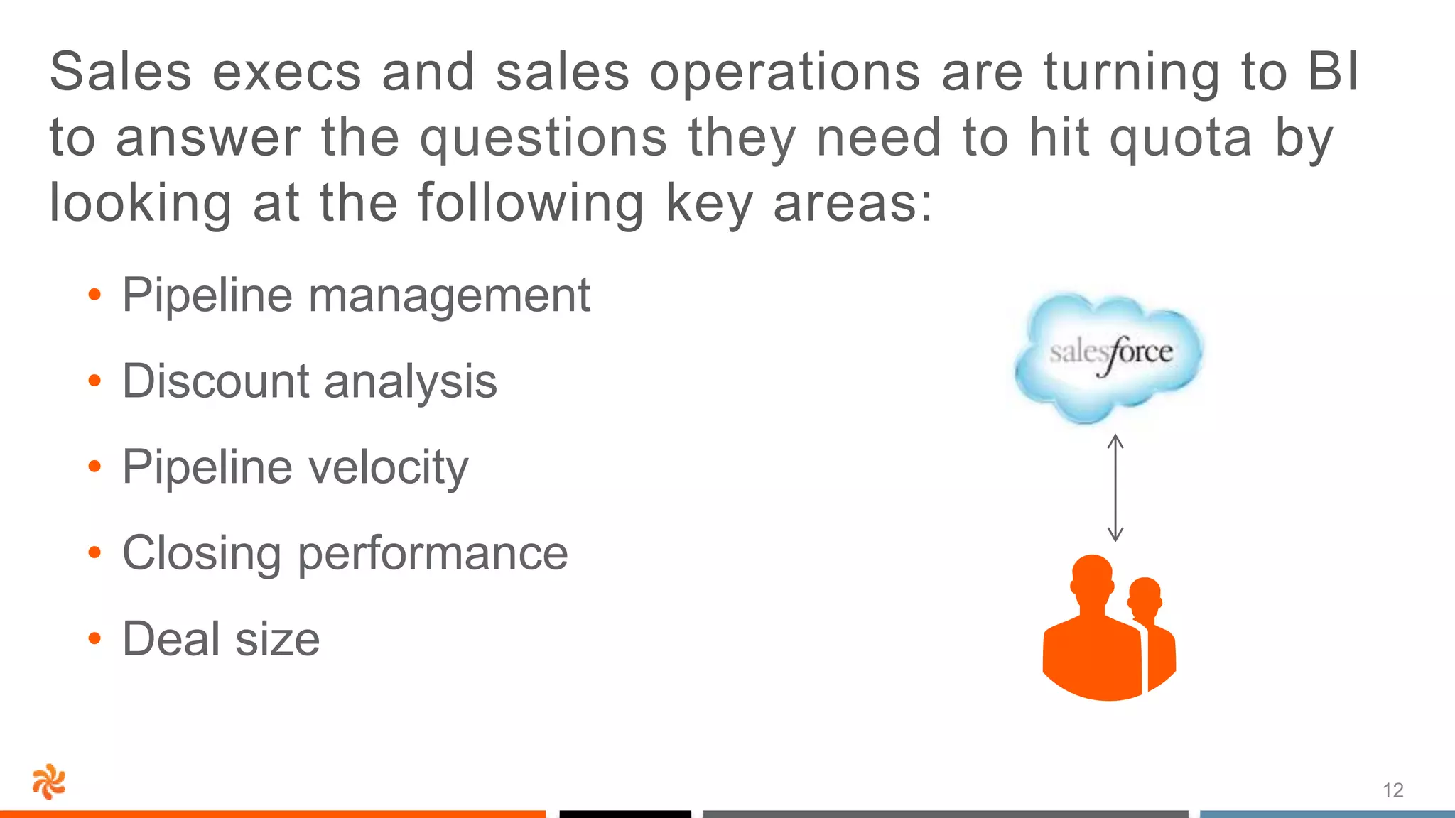 12
Sales execs and sales operations are turning to BI
to answer the questions they need to hit quota by
looking at the following key areas:
• Pipeline management
• Discount analysis
• Pipeline velocity
• Closing performance
• Deal size
 