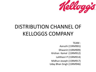 DISTRIBUTION CHANNEL OF
KELLOGGS COMPANY
TEAM :
Aarushi (15RM901)
Dhwanit (15RM909)
Krishan Kamal (15RM912)
Lalithasri P (15RM914)
Midhun Joseph (15RM917)
Uday Bhan Singh (15RM946)
 