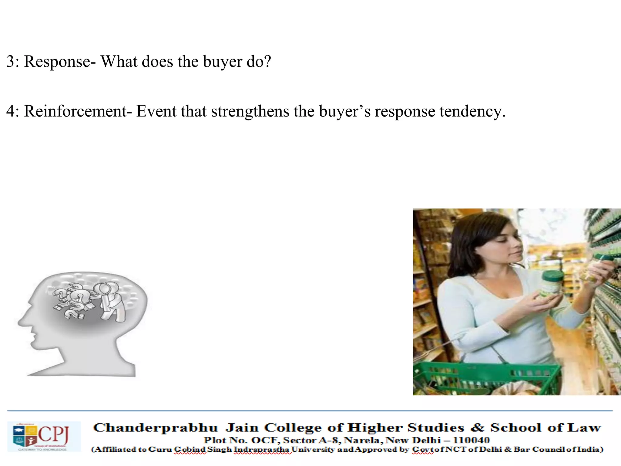 SDM-Ch.1 45
3: Response- What does the buyer do?
4: Reinforcement- Event that strengthens the buyer’s response tendency.
 