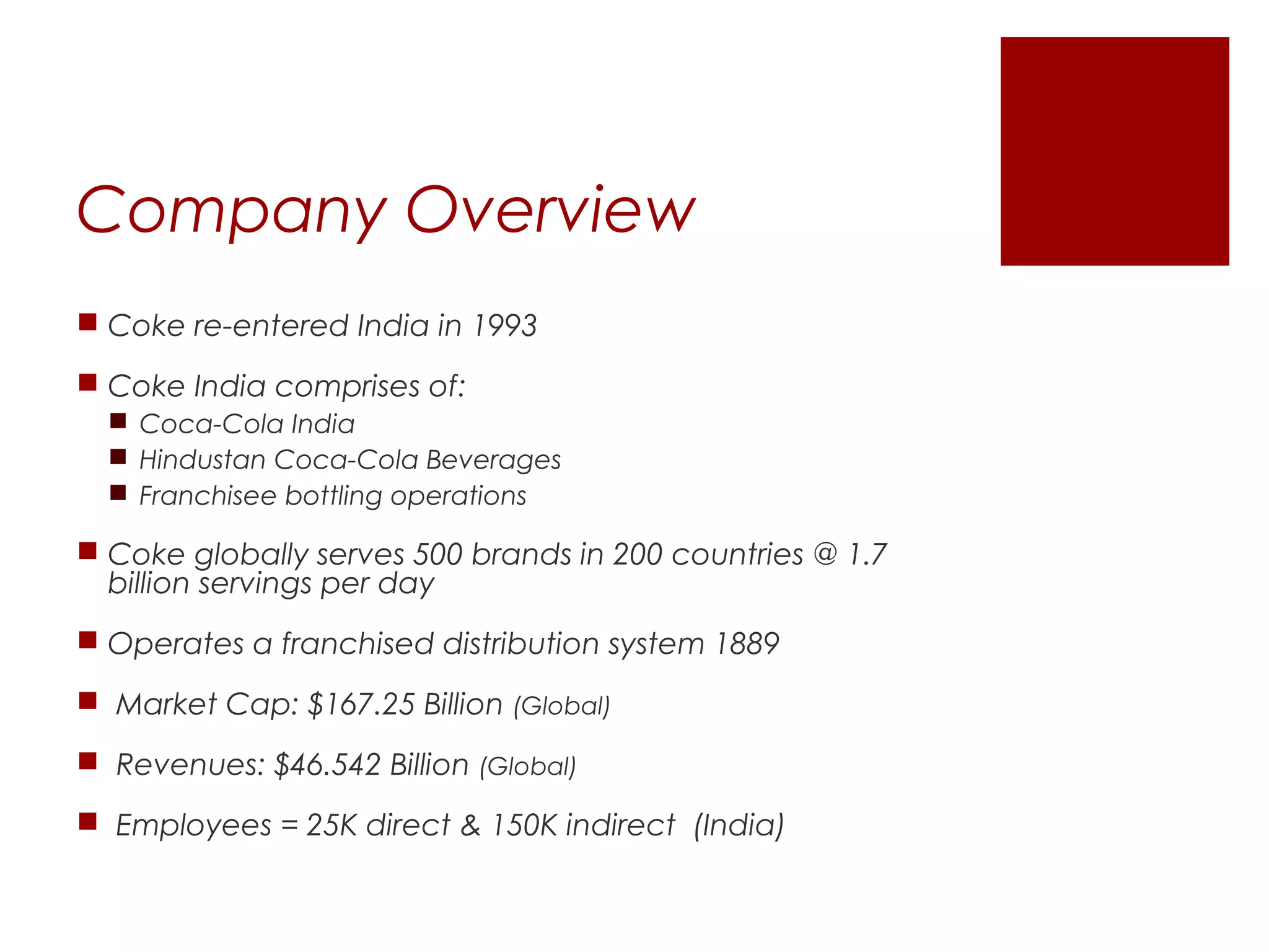 Company Overview
 Coke re-entered India in 1993

 Coke India comprises of:
   Coca-Cola India
   Hindustan Coca-Cola Beverages
   Franchisee bottling operations

 Coke globally serves 500 brands in 200 countries @ 1.7
  billion servings per day
 Operates a franchised distribution system 1889

 Market Cap: $167.25 Billion (Global)

 Revenues: $46.542 Billion (Global)

 Employees = 25K direct & 150K indirect (India)
 