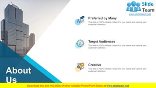 11
About
Us
This slide is 100% editable. Adapt it to your needs and capture your
audience's attention.
Target Audiences
Th...