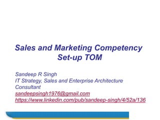 Name
Sales and Marketing Competency
Set-up TOM
Sandeep R Singh
IT Strategy, Sales and Enterprise Architecture
Consultant
sandeepsingh1976@gmail.com
https://www.linkedin.com/pub/sandeep-singh/4/52a/136
 