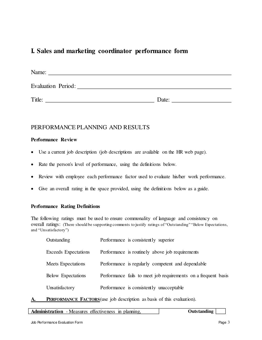 Sales And Marketing Coordinator Performance Appraisal