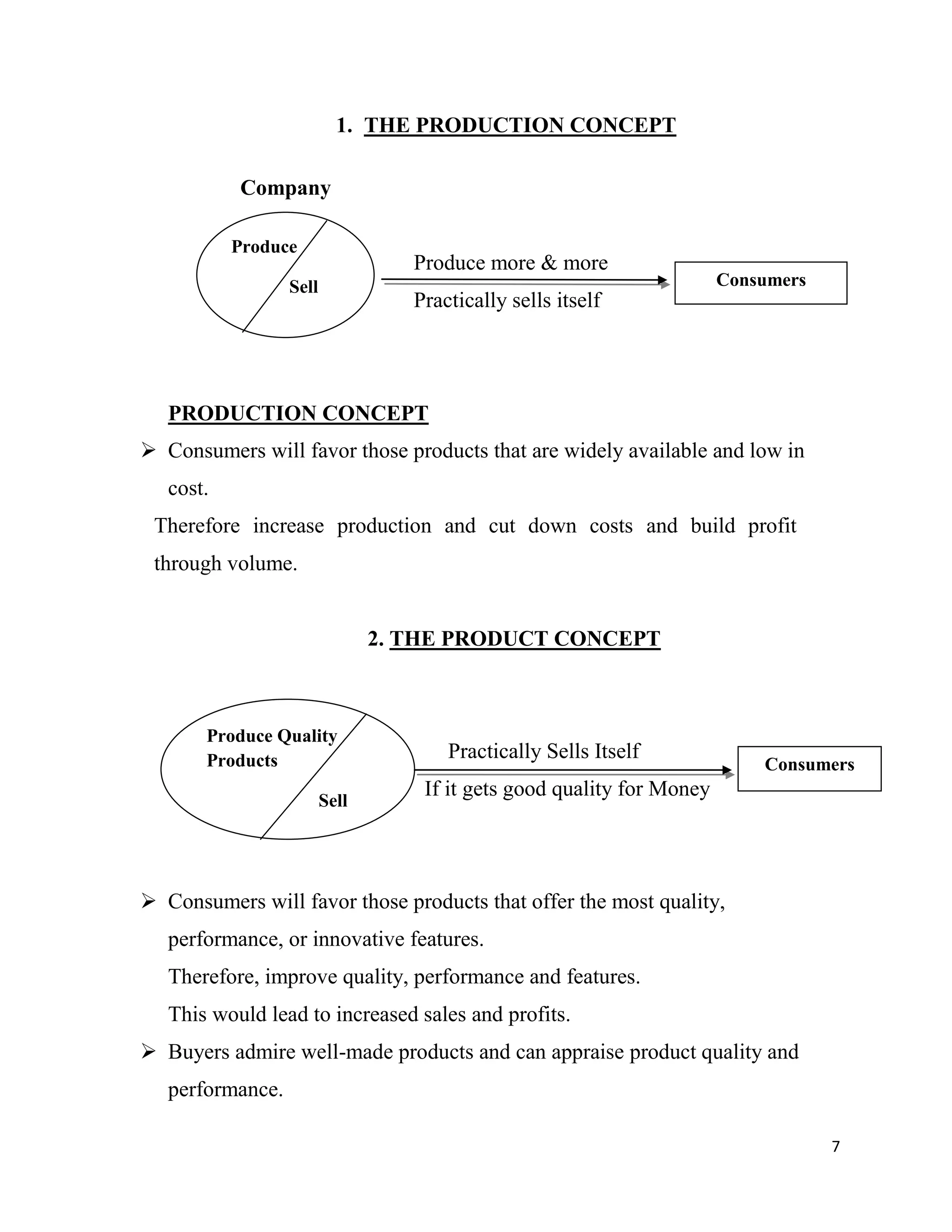 7
1. THE PRODUCTION CONCEPT
Company
Produce more & more
Practically sells itself
PRODUCTION CONCEPT
 Consumers will favor those products that are widely available and low in
cost.
Therefore increase production and cut down costs and build profit
through volume.
2. THE PRODUCT CONCEPT
Practically Sells Itself
If it gets good quality for Money
 Consumers will favor those products that offer the most quality,
performance, or innovative features.
Therefore, improve quality, performance and features.
This would lead to increased sales and profits.
 Buyers admire well-made products and can appraise product quality and
performance.
Produce
Sell Consumers
Produce Quality
Products
Sell
Consumers
 