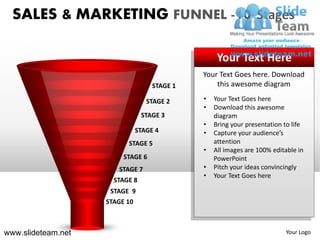SALES & MARKETING FUNNEL -10 Stages

                                                  Your Text Here
                                             Your Text Goes here. Download
                                   STAGE 1       this awesome diagram

                                 STAGE 2     •   Your Text Goes here
                                             •   Download this awesome
                                STAGE 3          diagram
                                             •   Bring your presentation to life
                            STAGE 4          •   Capture your audience’s
                          STAGE 5                attention
                                             •   All images are 100% editable in
                        STAGE 6                  PowerPoint
                       STAGE 7               •   Pitch your ideas convincingly
                                             •   Your Text Goes here
                      STAGE 8
                     STAGE 9
                    STAGE 10



www.slideteam.net                                                        Your Logo
 