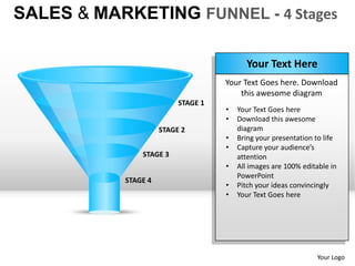 SALES & MARKETING FUNNEL - 4 Stages

                                           Your Text Here
                                     Your Text Goes here. Download
                                         this awesome diagram
                           STAGE 1
                                     •   Your Text Goes here
                                     •   Download this awesome
                      STAGE 2            diagram
                                     •   Bring your presentation to life
                                     •   Capture your audience’s
                STAGE 3                  attention
                                     •   All images are 100% editable in
                                         PowerPoint
            STAGE 4
                                     •   Pitch your ideas convincingly
                                     •   Your Text Goes here




                                                                 Your Logo
 