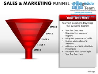SALES & MARKETING FUNNEL - 5 Stages

                                               Your Text Here
                                          Your Text Goes here. Download
                                STAGE 1       this awesome diagram
                                          •   Your Text Goes here
                          STAGE 2         •   Download this awesome
                                              diagram
                      STAGE 3             •   Bring your presentation to life
                                          •   Capture your audience’s
                                              attention
               STAGE 4
                                          •   All images are 100% editable in
            STAGE 5                           PowerPoint
                                          •   Pitch your ideas convincingly
                                          •   Your Text Goes here




                                                                      Your Logo
 