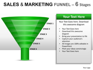 SALES & MARKETING FUNNEL – 6 Stages

                                         Your Text Here
                                    Your Text Goes here. Download
                          STAGE 1
                                        this awesome diagram
                       STAGE 2      •   Your Text Goes here
                                    •   Download this awesome
                    STAGE 3             diagram
                                    •   Bring your presentation to life
                STAGE 4             •   Capture your audience’s
                                        attention
             STAGE 5                •   All images are 100% editable in
                                        PowerPoint
          STAGE 6                   •   Pitch your ideas convincingly
                                    •   Your Text Goes here




                                                                Your Logo
 