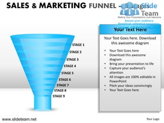 SALES & MARKETING FUNNEL – 9 Stages

                                                 Your Text Here
                                           Your Text Goes here. Download
                                 STAGE 1       this awesome diagram

                                STAGE 2    •   Your Text Goes here
                                           •   Download this awesome
                              STAGE 3          diagram
                                           •   Bring your presentation to life
                          STAGE 4
                                           •   Capture your audience’s
                         STAGE 5               attention
                                           •   All images are 100% editable in
                       STAGE 6                 PowerPoint
                      STAGE 7              •   Pitch your ideas convincingly
                    STAGE 8                •   Your Text Goes here
                    STAGE 9




www.slideteam.net                                                      Your Logo
 