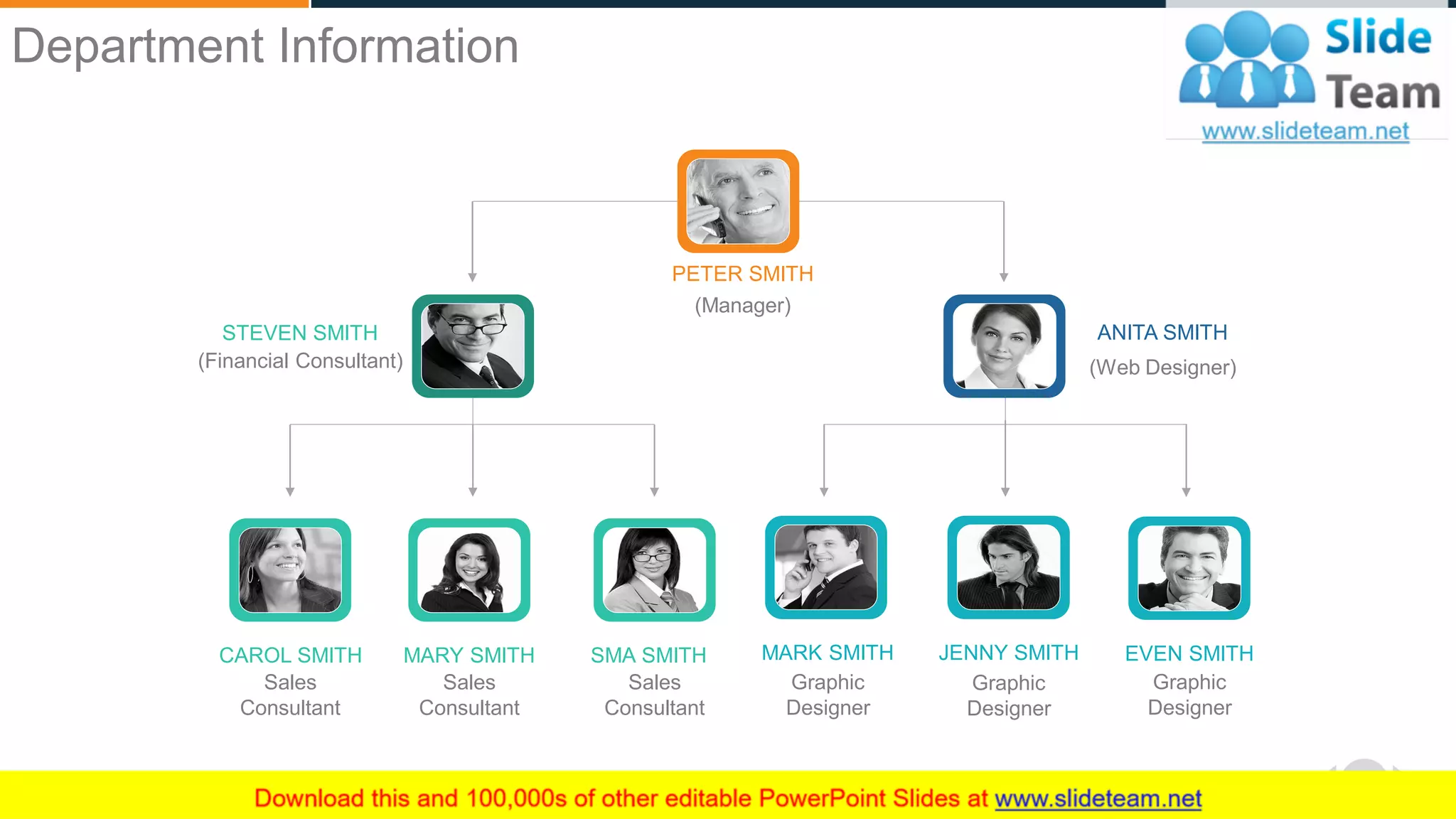 WWW.COMPANY.COM 46
MARY SMITH
Sales
Consultant
SMA SMITH
Sales
Consultant
CAROL SMITH
Sales
Consultant
JENNY SMITH
Graphic
Designer
MARK SMITH
Graphic
Designer
EVEN SMITH
Graphic
Designer
STEVEN SMITH
(Financial Consultant)
ANITA SMITH
(Web Designer)
PETER SMITH
(Manager)
Department Information
 